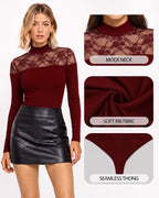 MANGOPOP Lace Mock Neck Long-Sleeve Thong Bodysuit Burgundy