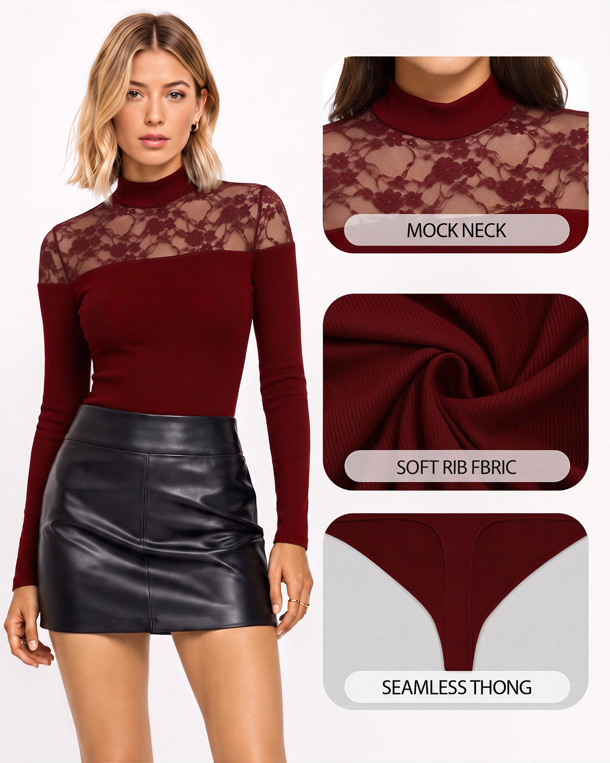 MANGOPOP Lace Mock Neck Long-Sleeve Thong Bodysuit Burgundy