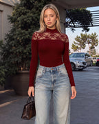 MANGOPOP Lace Mock Neck Long-Sleeve Thong Bodysuit Burgundy