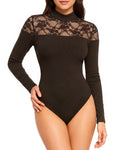 MANGOPOP Lace Mock Neck Long-Sleeve Thong Bodysuit Coffee