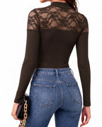 MANGOPOP Lace Mock Neck Long-Sleeve Thong Bodysuit Coffee