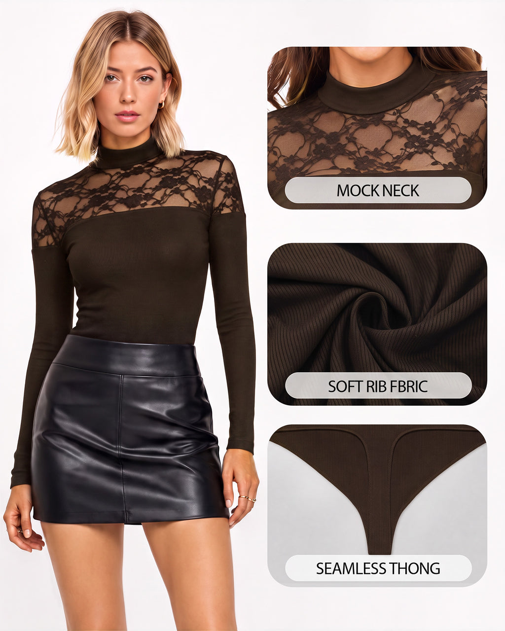 MANGOPOP Lace Mock Neck Long-Sleeve Thong Bodysuit Coffee