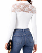 MANGOPOP Lace Mock Neck Long-Sleeve Thong Bodysuit White