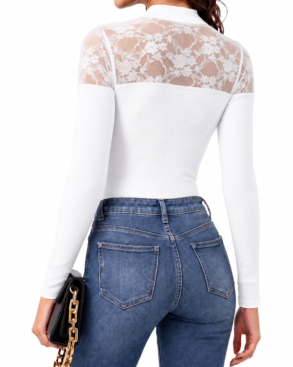 MANGOPOP Lace Mock Neck Long-Sleeve Thong Bodysuit White