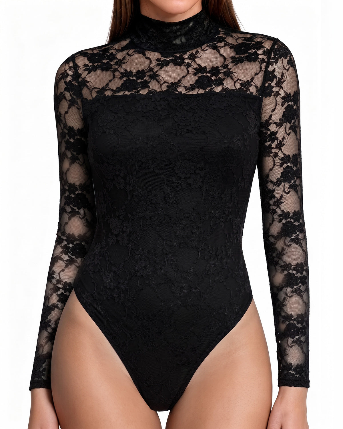MANGOPOP Mock Neck Lace Long-Sleeve Bodysuit Lace Long Sleeve Black