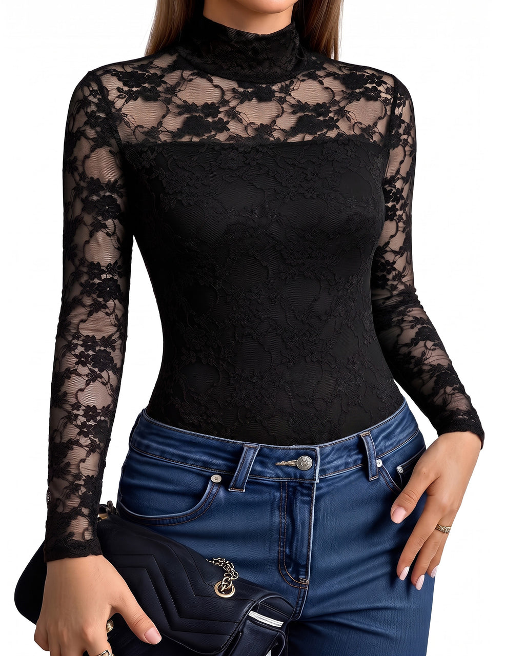 MANGOPOP Mock Neck Lace Long-Sleeve Bodysuit Lace Long Sleeve Black