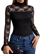 MANGOPOP Mock Neck Lace Long-Sleeve Bodysuit Lace Long Sleeve Black