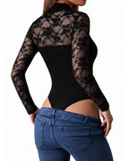 MANGOPOP Mock Neck Lace Long-Sleeve Bodysuit Lace Long Sleeve Black