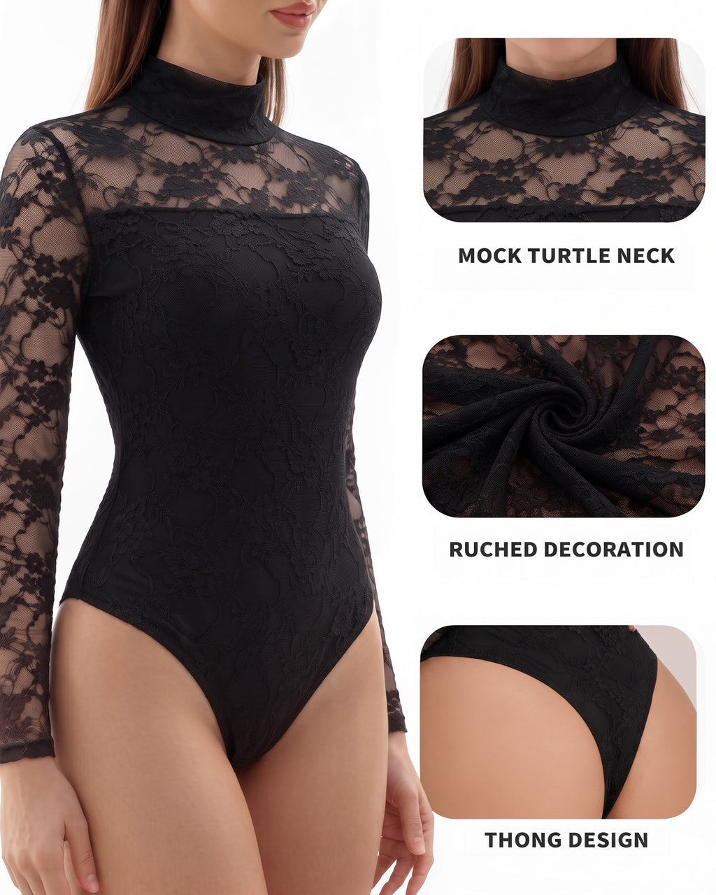 MANGOPOP Mock Neck Lace Long-Sleeve Bodysuit Lace Long Sleeve Black