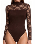 MANGOPOP Mock Neck Lace Long-Sleeve Bodysuit Lace Long Sleeve Coffee