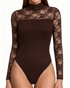 MANGOPOP Mock Neck Lace Long-Sleeve Bodysuit Lace Long Sleeve Coffee