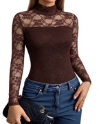 MANGOPOP Mock Neck Lace Long-Sleeve Bodysuit Lace Long Sleeve Coffee