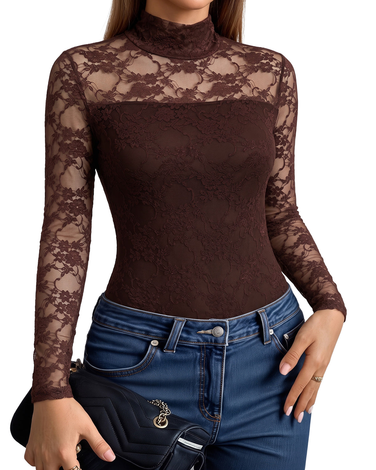 MANGOPOP Mock Neck Lace Long-Sleeve Bodysuit Lace Long Sleeve Coffee