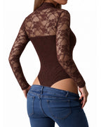 MANGOPOP Mock Neck Lace Long-Sleeve Bodysuit Lace Long Sleeve Coffee