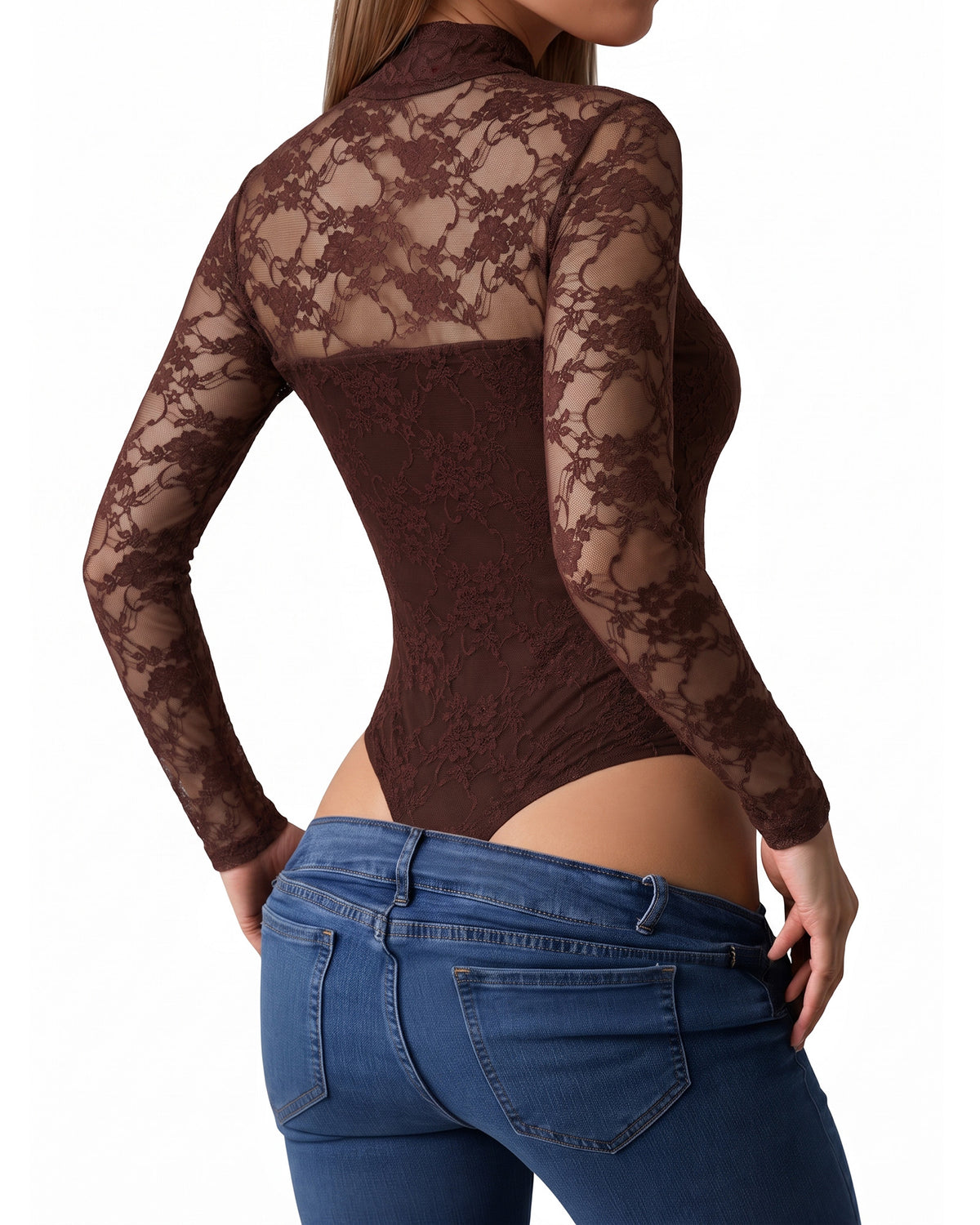 MANGOPOP Mock Neck Lace Long-Sleeve Bodysuit Lace Long Sleeve Coffee