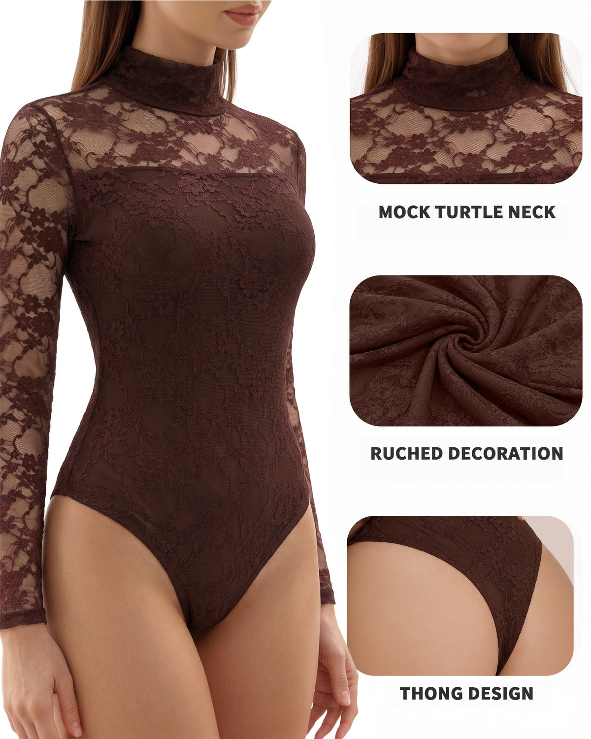 MANGOPOP Mock Neck Lace Long-Sleeve Bodysuit Lace Long Sleeve Coffee