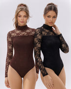 MANGOPOP Mock Neck Lace Long-Sleeve Bodysuit Lace Long Sleeve Coffee