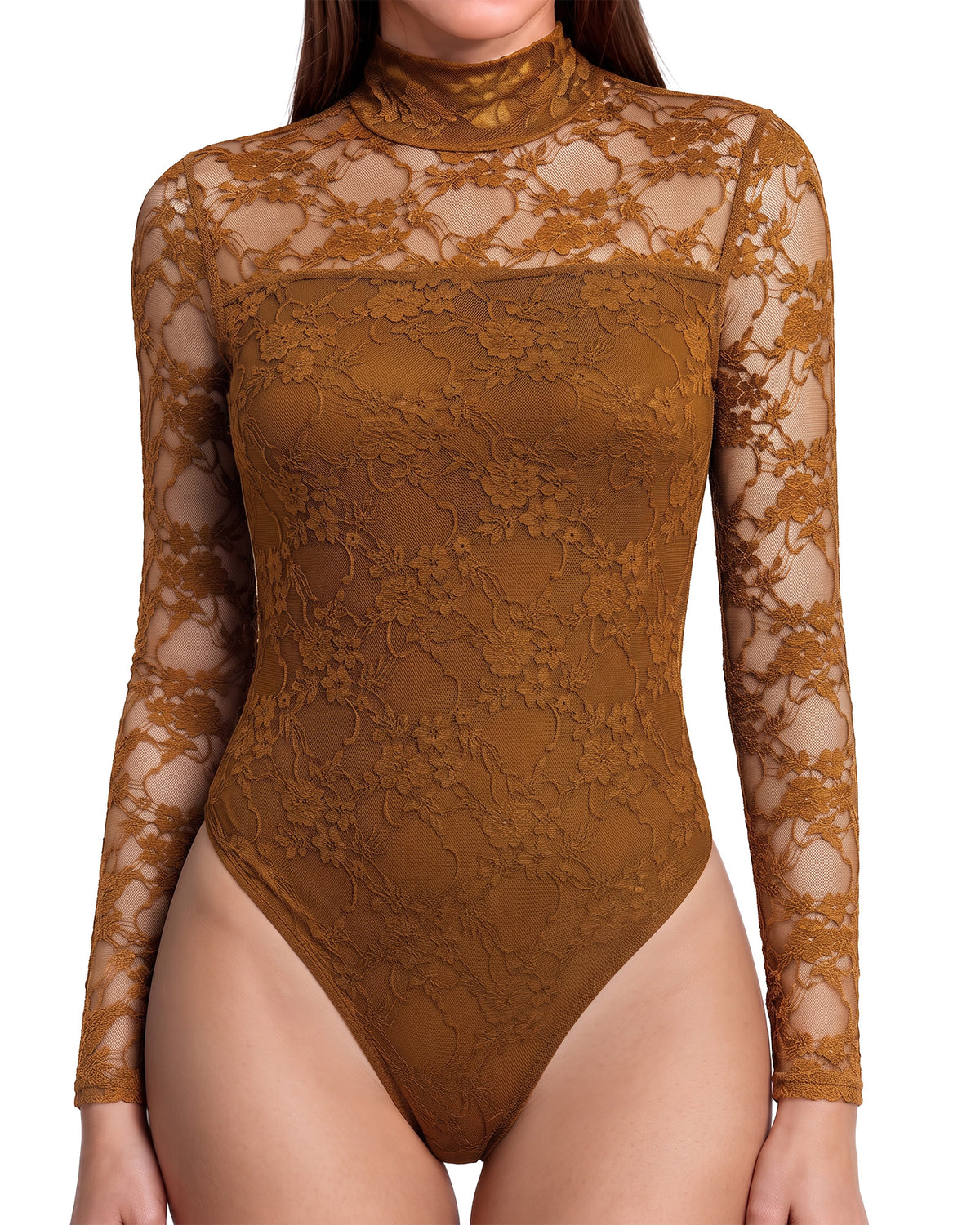 MANGOPOP Mock Neck Lace Long-Sleeve Bodysuit Lace Long Sleeve Dark Coffee