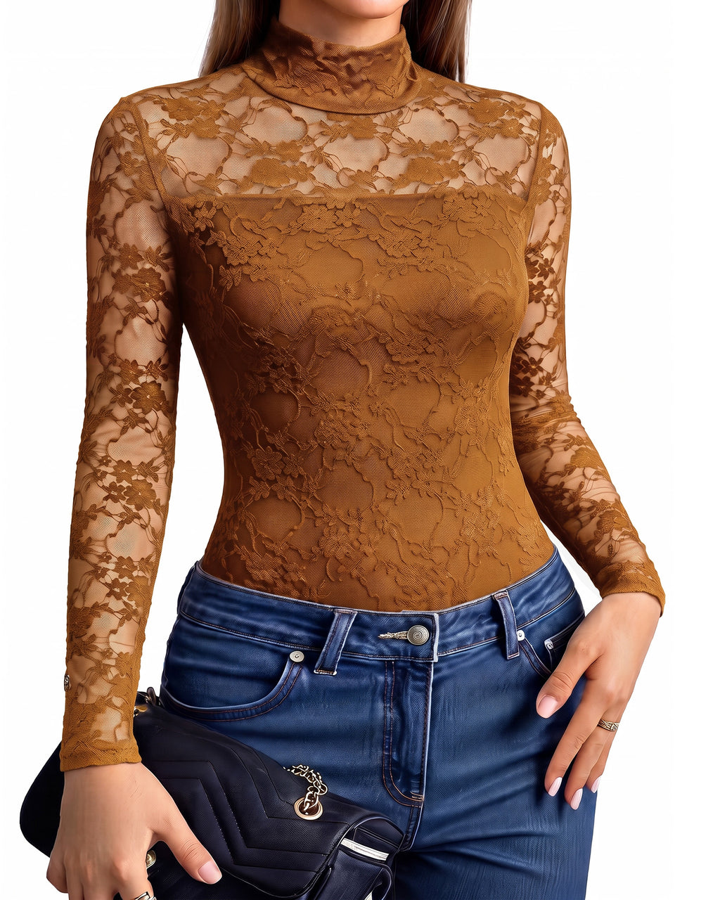 MANGOPOP Mock Neck Lace Long-Sleeve Bodysuit Lace Long Sleeve Dark Coffee