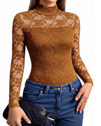 MANGOPOP Mock Neck Lace Long-Sleeve Bodysuit Lace Long Sleeve Dark Coffee