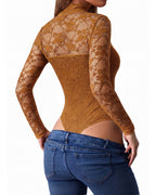 MANGOPOP Mock Neck Lace Long-Sleeve Bodysuit Lace Long Sleeve Dark Coffee