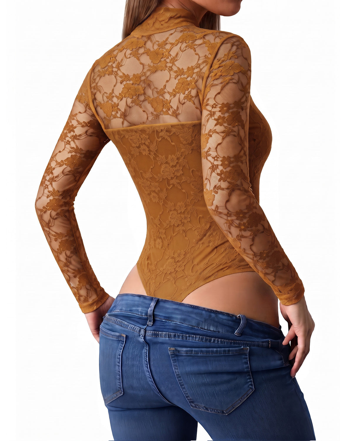 MANGOPOP Mock Neck Lace Long-Sleeve Bodysuit Lace Long Sleeve Dark Coffee