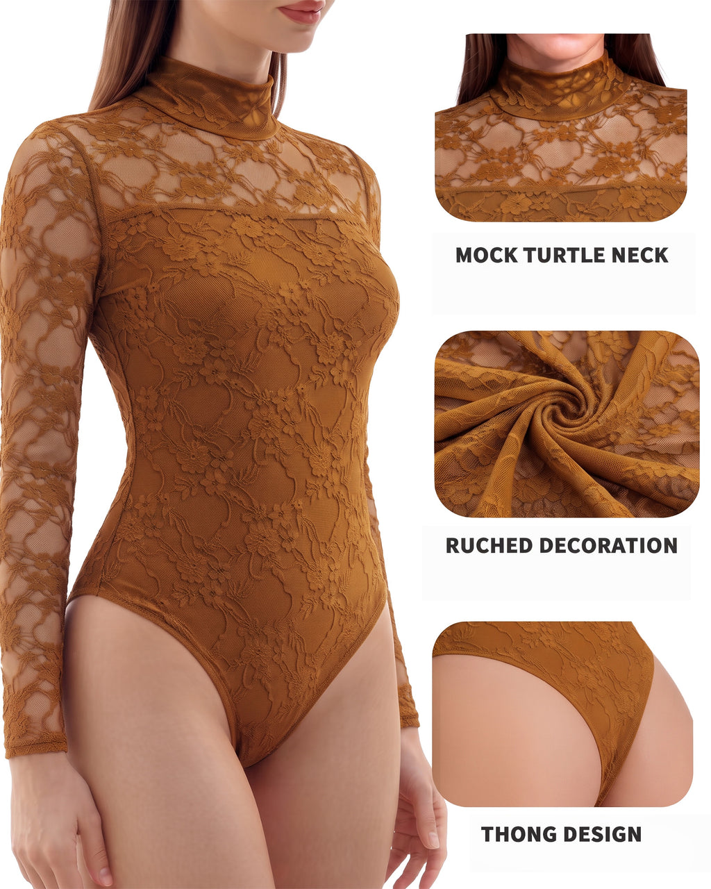 MANGOPOP Mock Neck Lace Long-Sleeve Bodysuit Lace Long Sleeve Dark Coffee