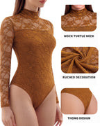 MANGOPOP Mock Neck Lace Long-Sleeve Bodysuit Lace Long Sleeve Dark Coffee