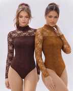 MANGOPOP Mock Neck Lace Long-Sleeve Bodysuit Lace Long Sleeve Dark Coffee