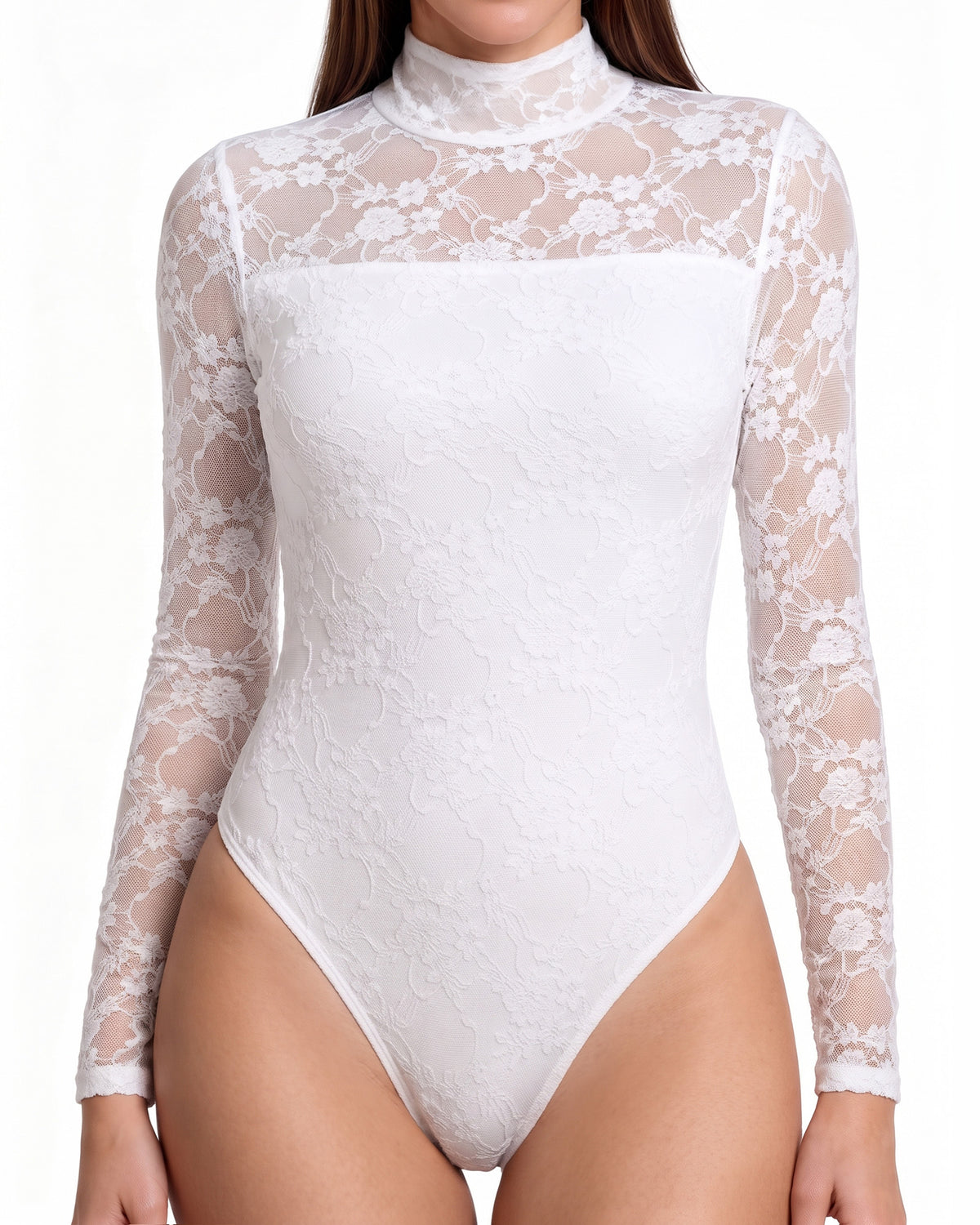 MANGOPOP Mock Neck Lace Long-Sleeve Bodysuit Lace Long Sleeve White