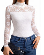 MANGOPOP Mock Neck Lace Long-Sleeve Bodysuit Lace Long Sleeve White