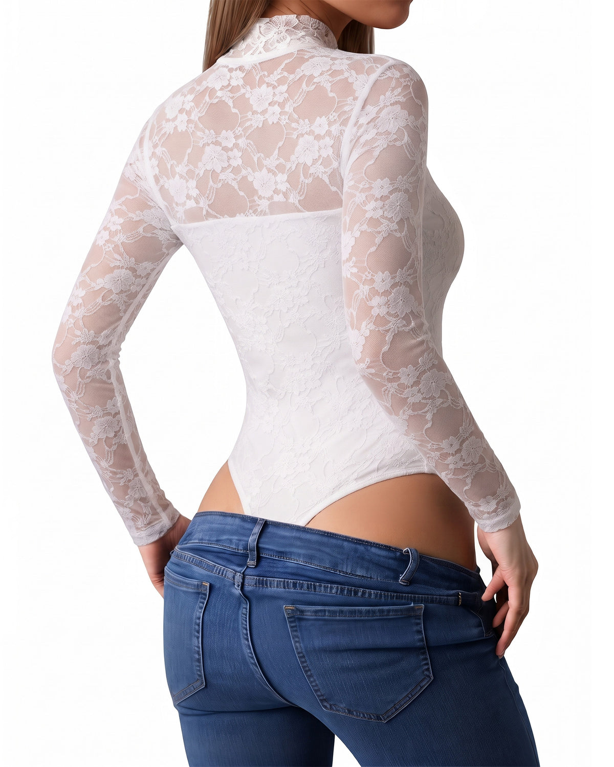 MANGOPOP Mock Neck Lace Long-Sleeve Bodysuit Lace Long Sleeve White