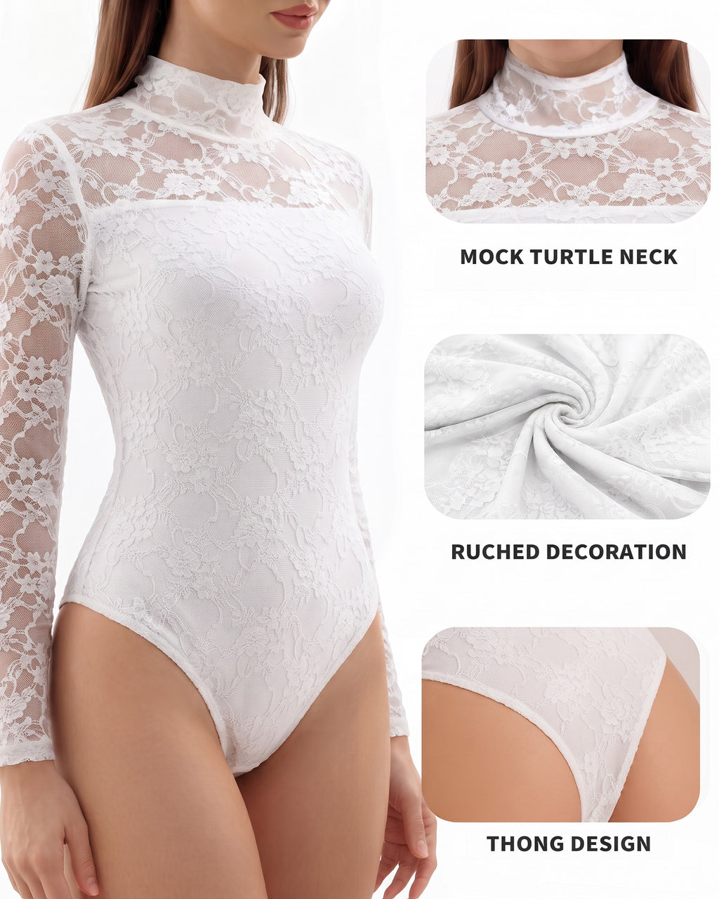 MANGOPOP Mock Neck Lace Long-Sleeve Bodysuit Lace Long Sleeve White
