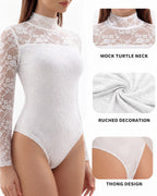 MANGOPOP Mock Neck Lace Long-Sleeve Bodysuit Lace Long Sleeve White