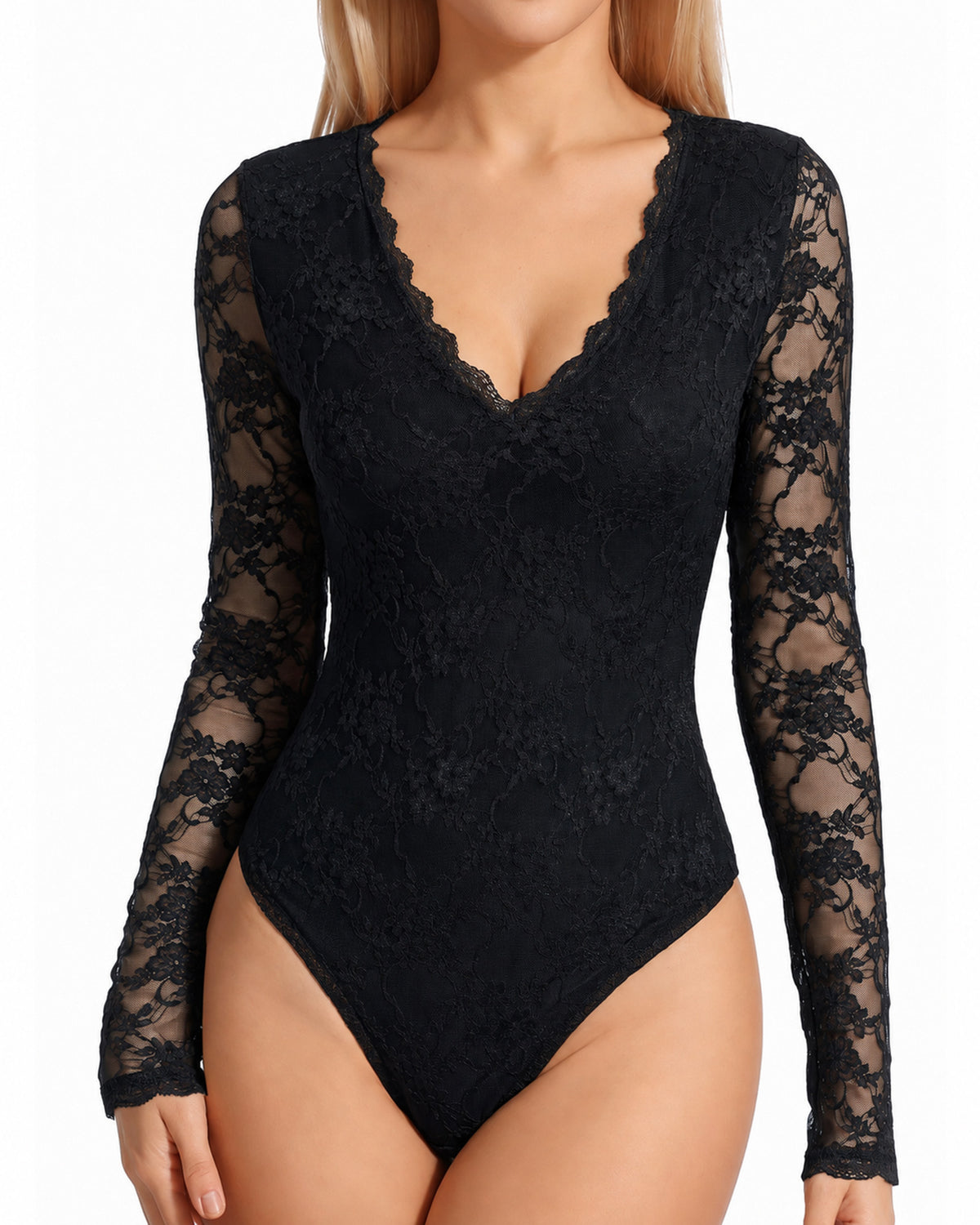MANGOPOP Lace Long-Sleeve V-Neck Bodysuit Black