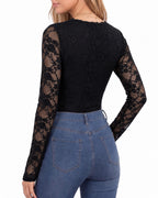 MANGOPOP Lace Long-Sleeve V-Neck Bodysuit Black
