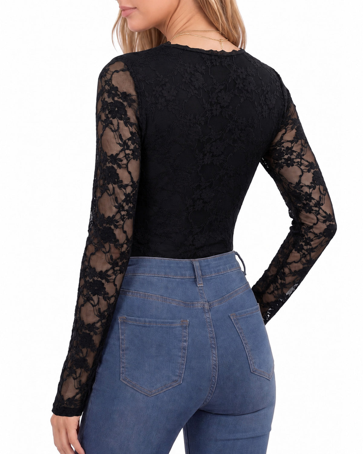 MANGOPOP Lace Long-Sleeve V-Neck Bodysuit Black