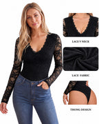 MANGOPOP Lace Long-Sleeve V-Neck Bodysuit Black