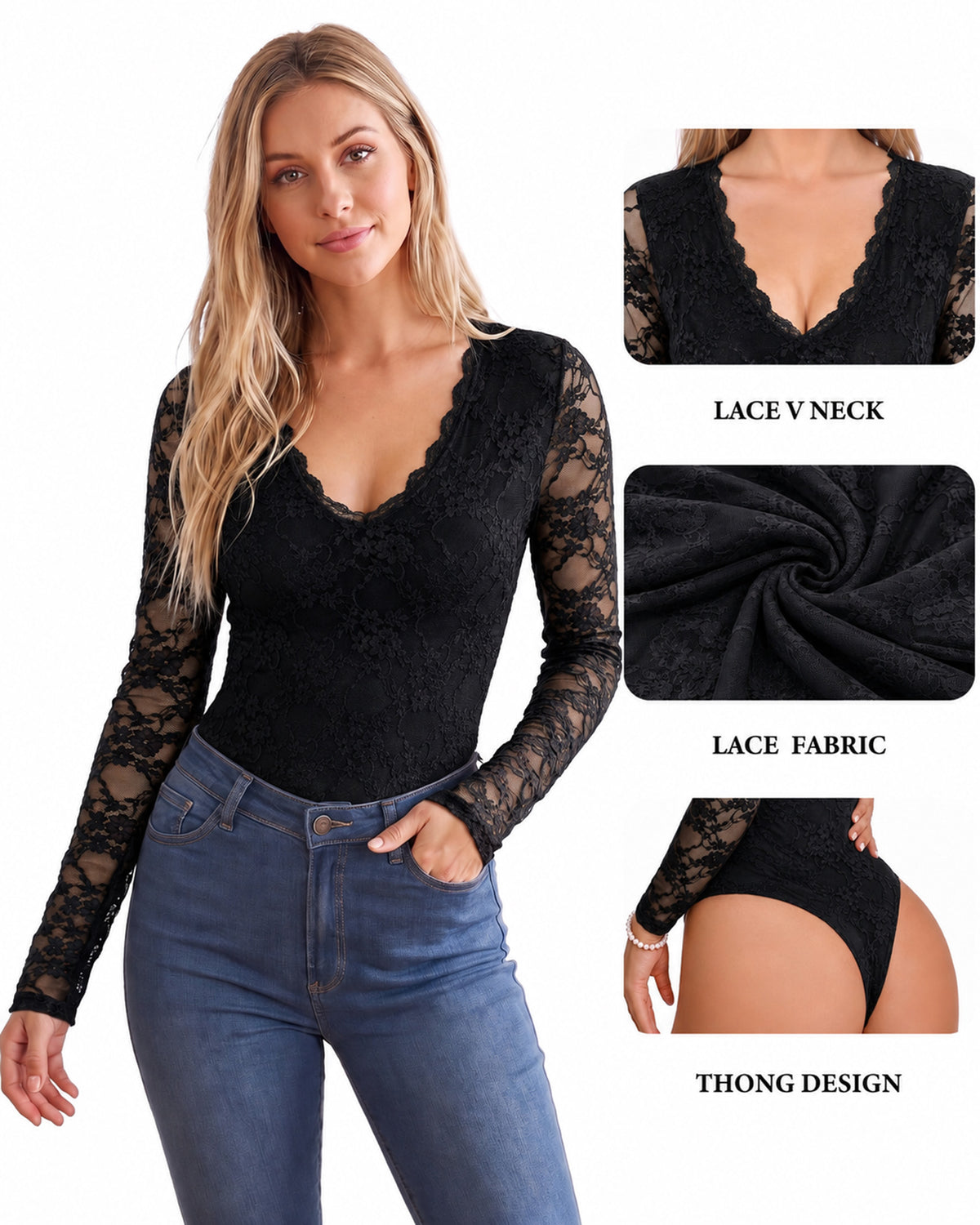 MANGOPOP Lace Long-Sleeve V-Neck Bodysuit Black