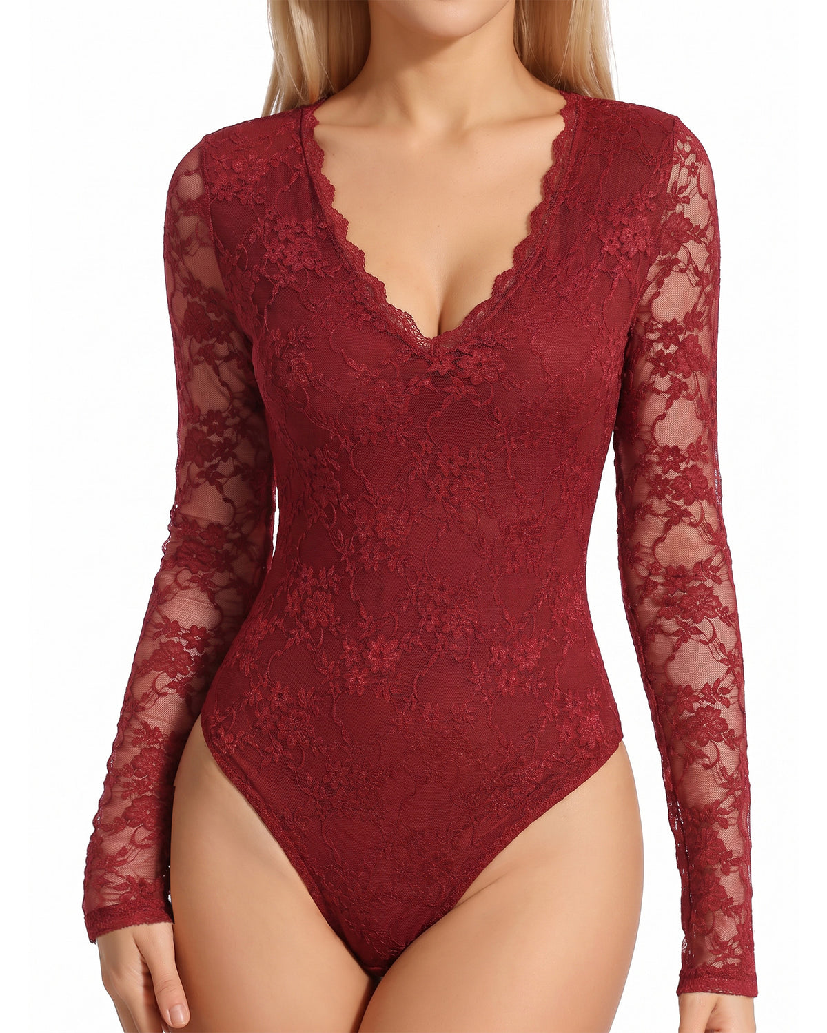 MANGOPOP Lace Long-Sleeve V-Neck Bodysuit Burgundy