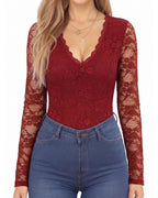 MANGOPOP Lace Long-Sleeve V-Neck Bodysuit Burgundy