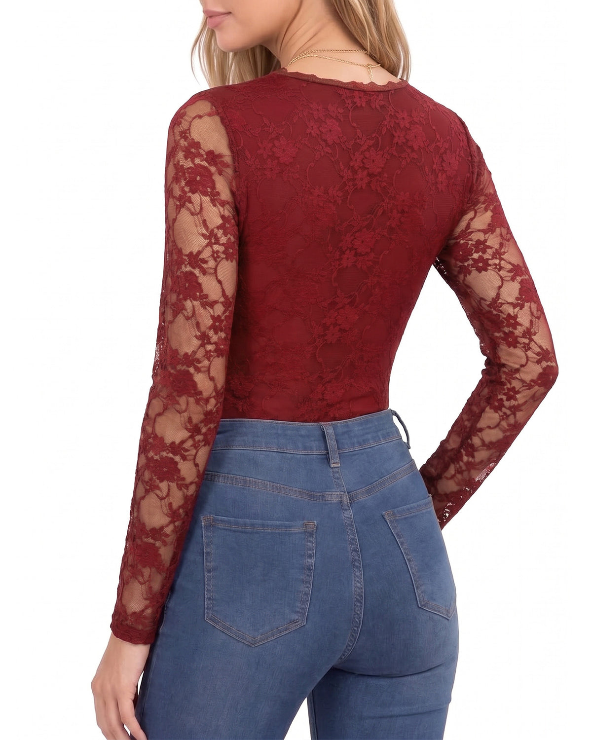 MANGOPOP Lace Long-Sleeve V-Neck Bodysuit Burgundy