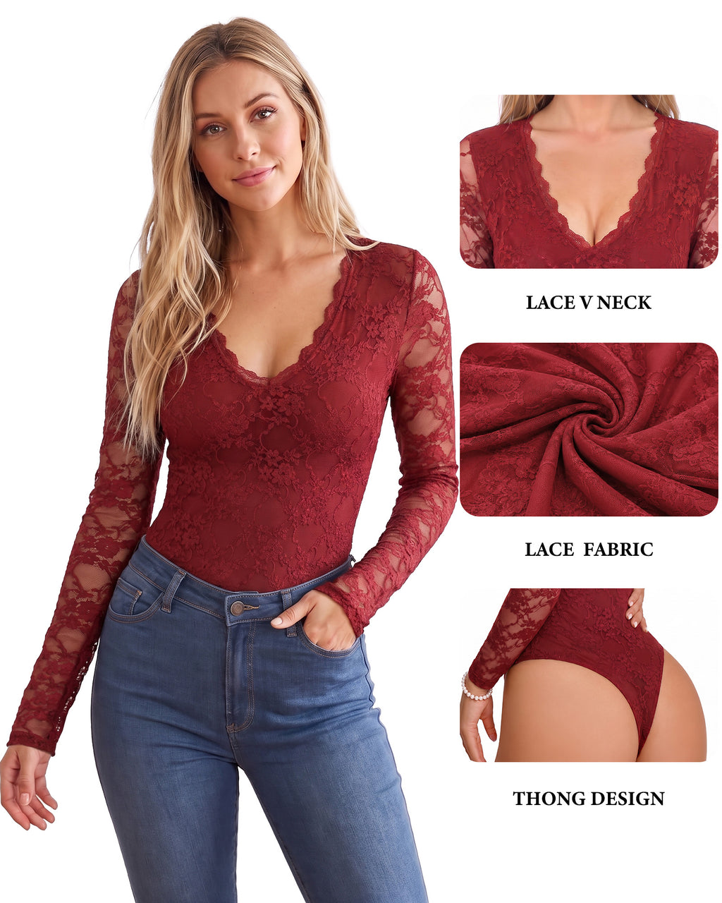 MANGOPOP Lace Long-Sleeve V-Neck Bodysuit Burgundy