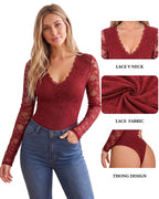 MANGOPOP Lace Long-Sleeve V-Neck Bodysuit Burgundy