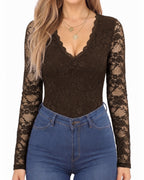 MANGOPOP Lace Long-Sleeve V-Neck Bodysuit Coffee