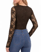 MANGOPOP Lace Long-Sleeve V-Neck Bodysuit Coffee