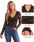 MANGOPOP Lace Long-Sleeve V-Neck Bodysuit Coffee