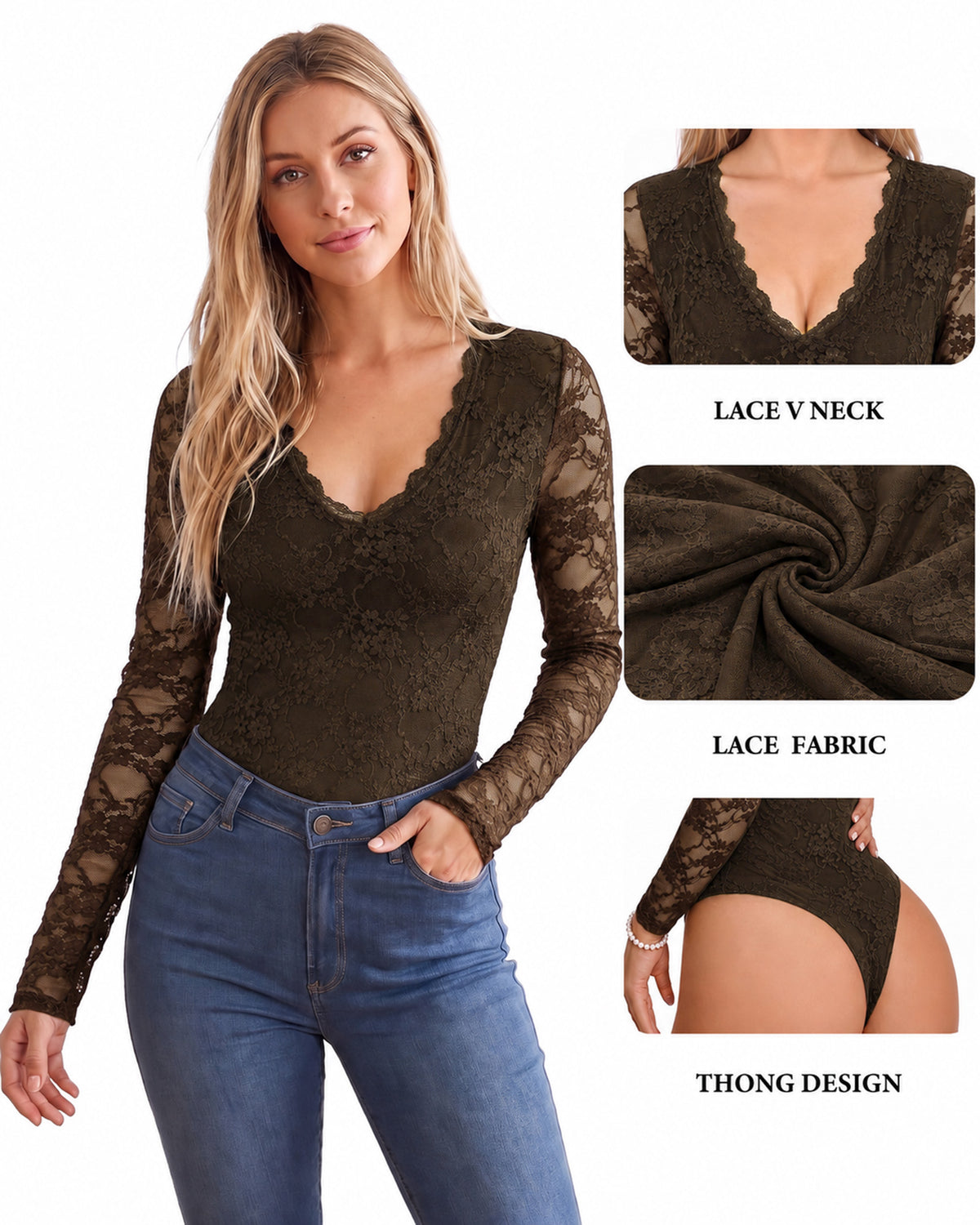 MANGOPOP Lace Long-Sleeve V-Neck Bodysuit Coffee