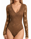 MANGOPOP Lace Long-Sleeve V-Neck Bodysuit Khaki