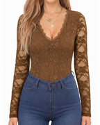 MANGOPOP Lace Long-Sleeve V-Neck Bodysuit Khaki